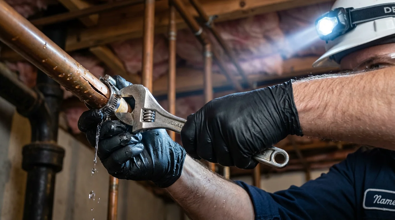 Emergency pipe clamp repair being performed by a Johns Plumbing LLC plumber in Shelbina