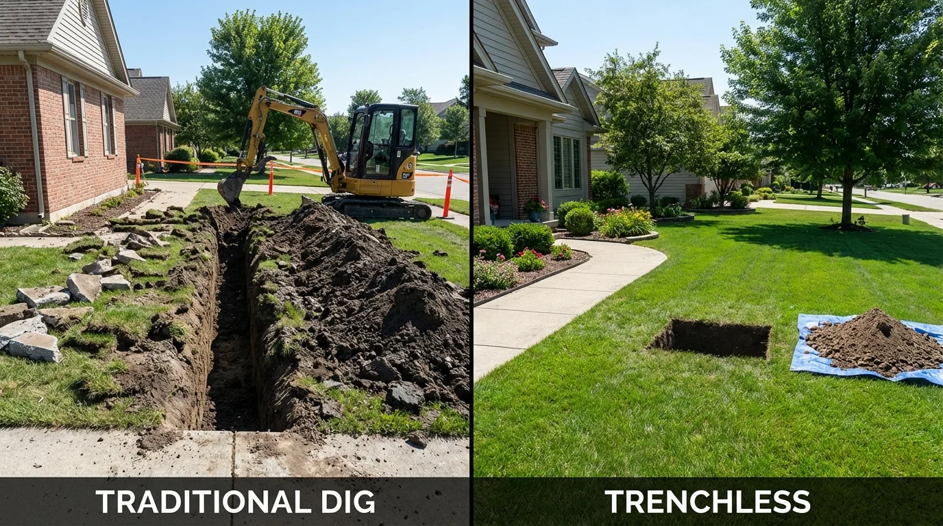 Trenchless sewer repair with minimal yard damage versus traditional excavation in Shelbina, MO