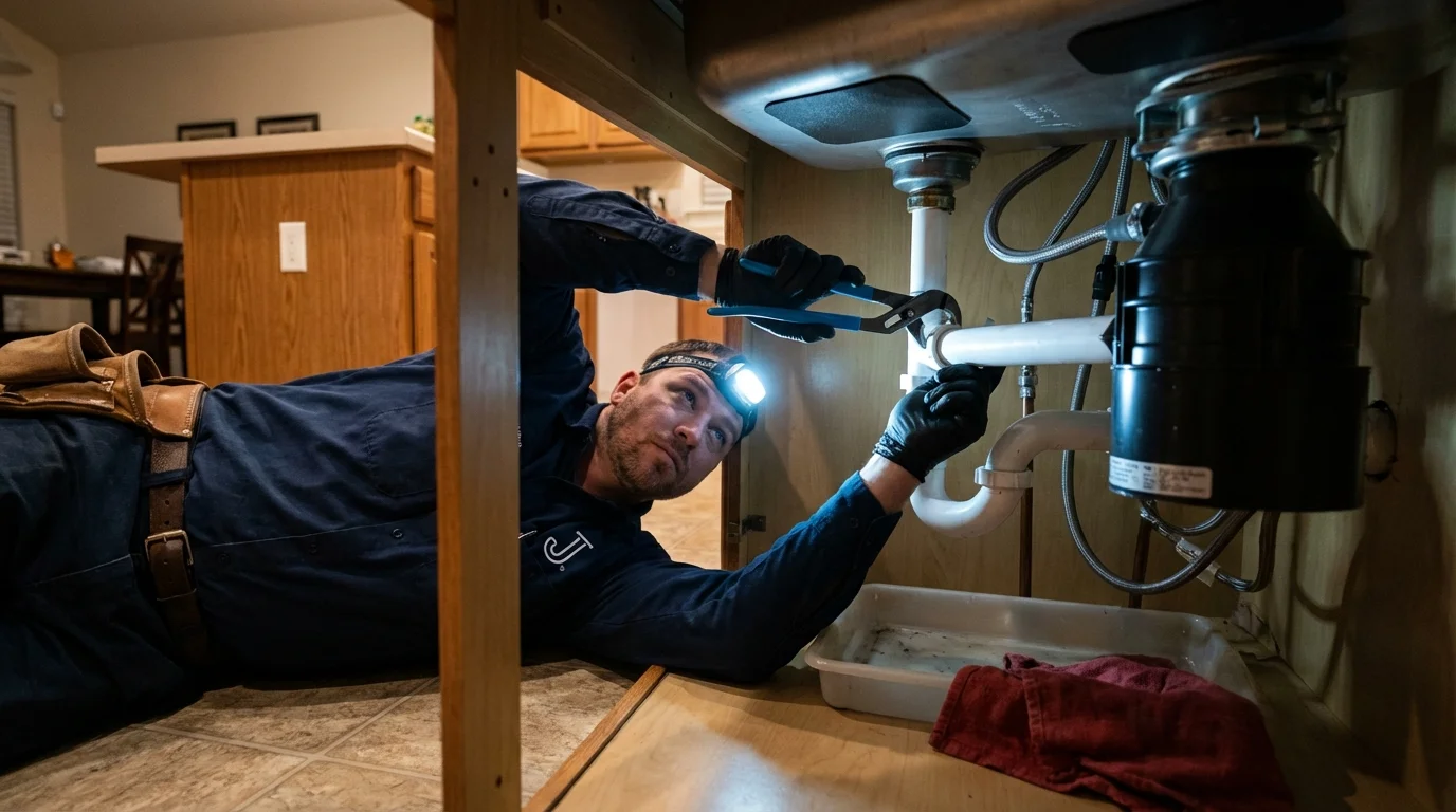 P-trap and supply line connections under a kitchen sink showing a common leak point in Shelbina, MO
